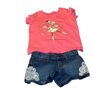 Childrens Place Flamingo Shirt Cat & Jack Lace Denim Shorts Bundle Set 4T